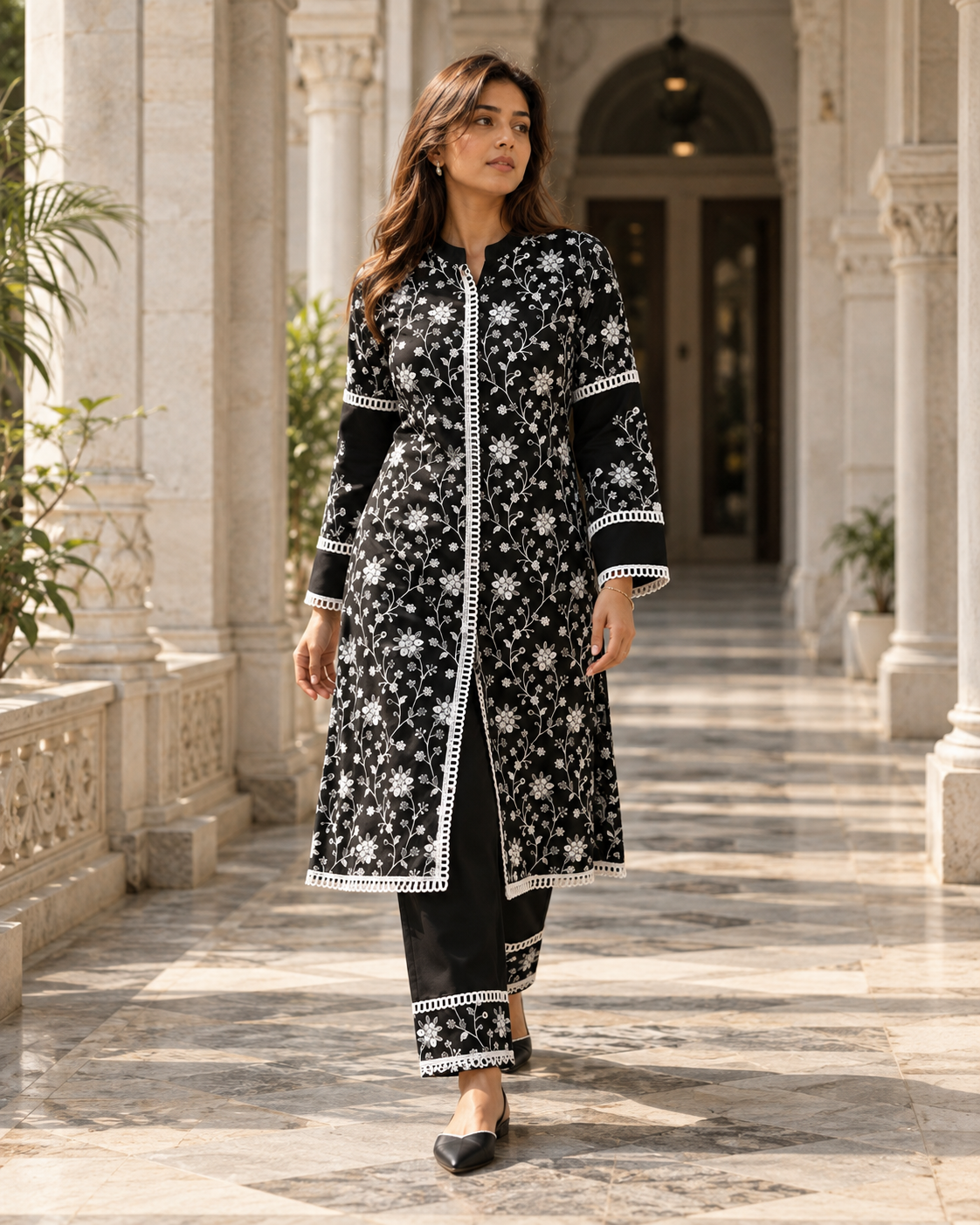NISHIPUSHP Black & White Floral Embroidered Kurta Pant Set for Women - Image 9