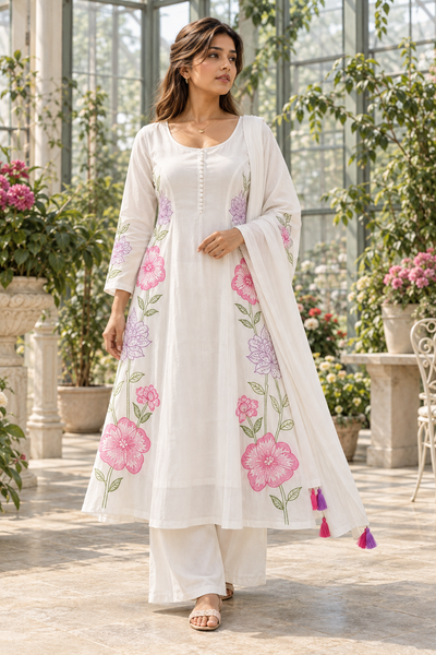 PHOOLBELA White Floral Anarkali Kurta Set with Dupatta for Women