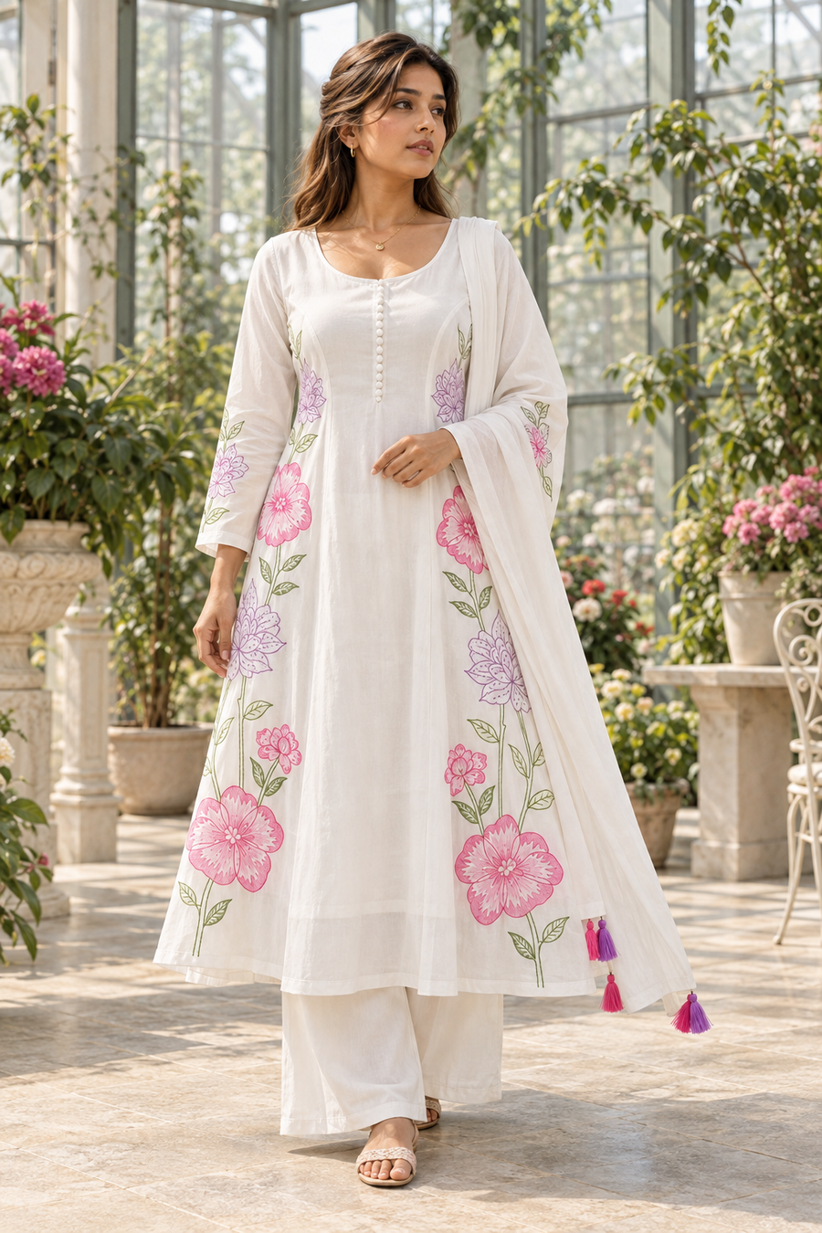 PHOOLBELA White Floral Anarkali Kurta Set with Dupatta for Women