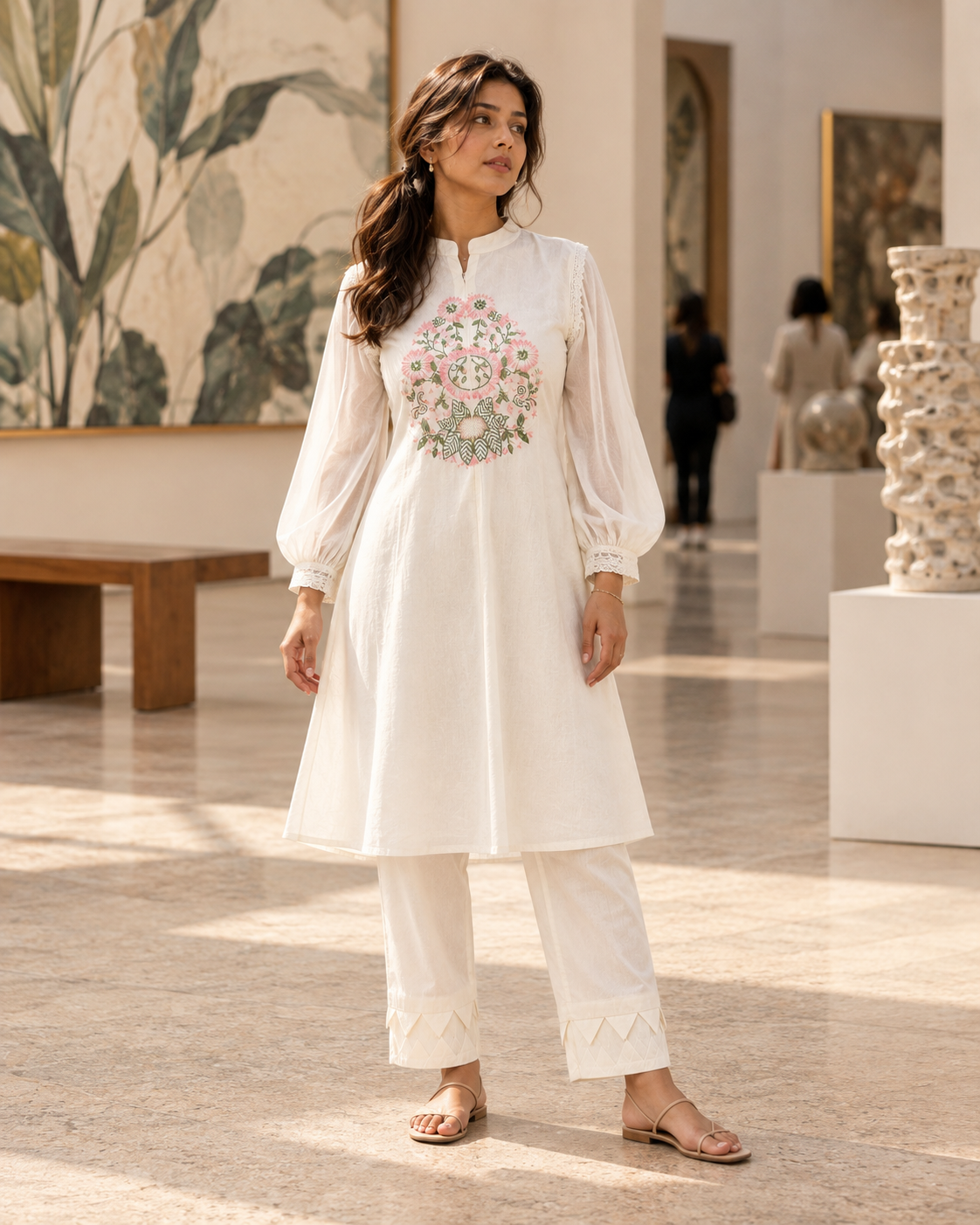 PUSHPJAAL Ivory Floral Embroidered Balloon Sleeve Kurta Pant Set for Women - Image 1