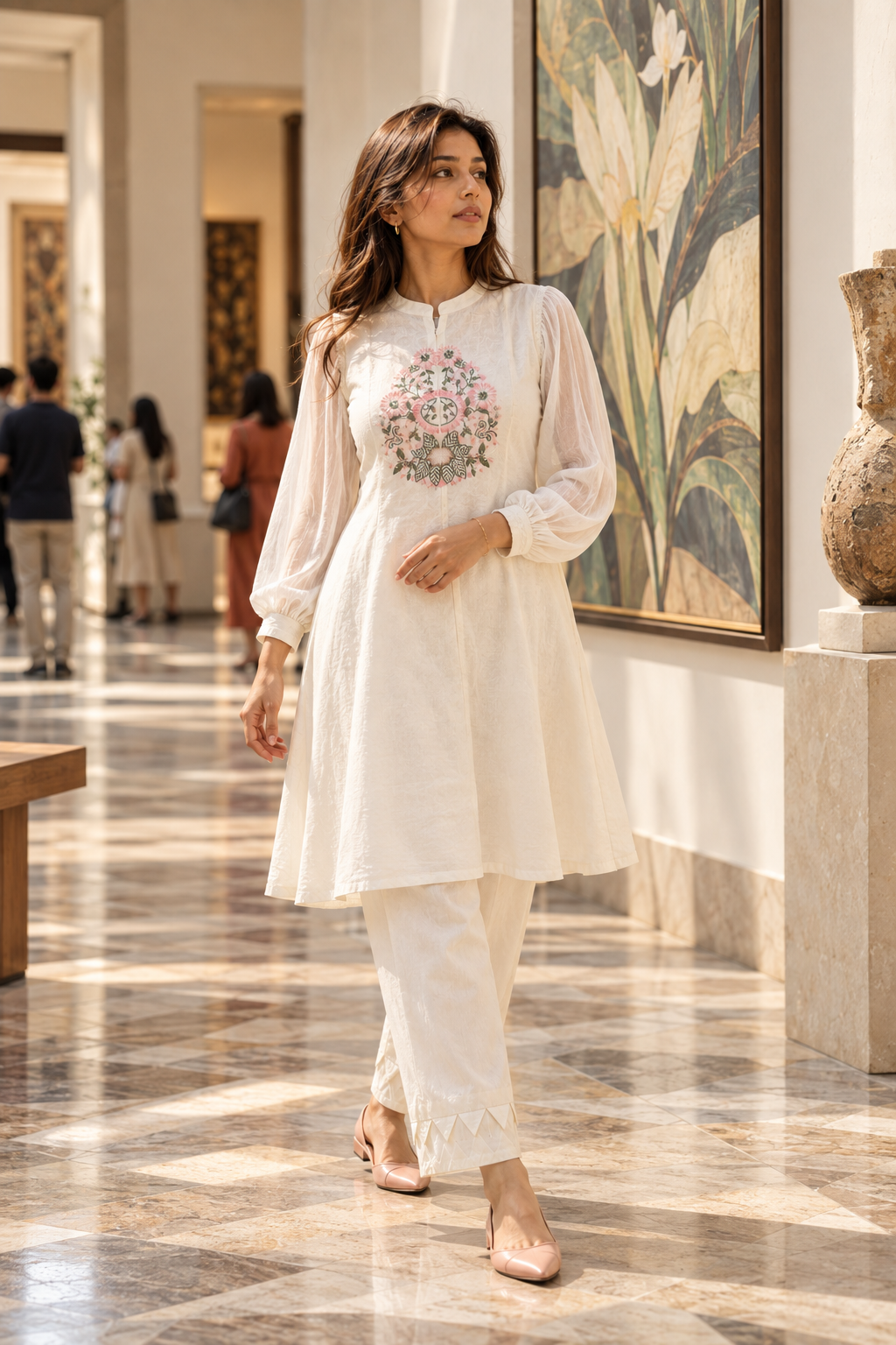 PUSHPJAAL Ivory Floral Embroidered Balloon Sleeve Kurta Pant Set for Women - Image 10