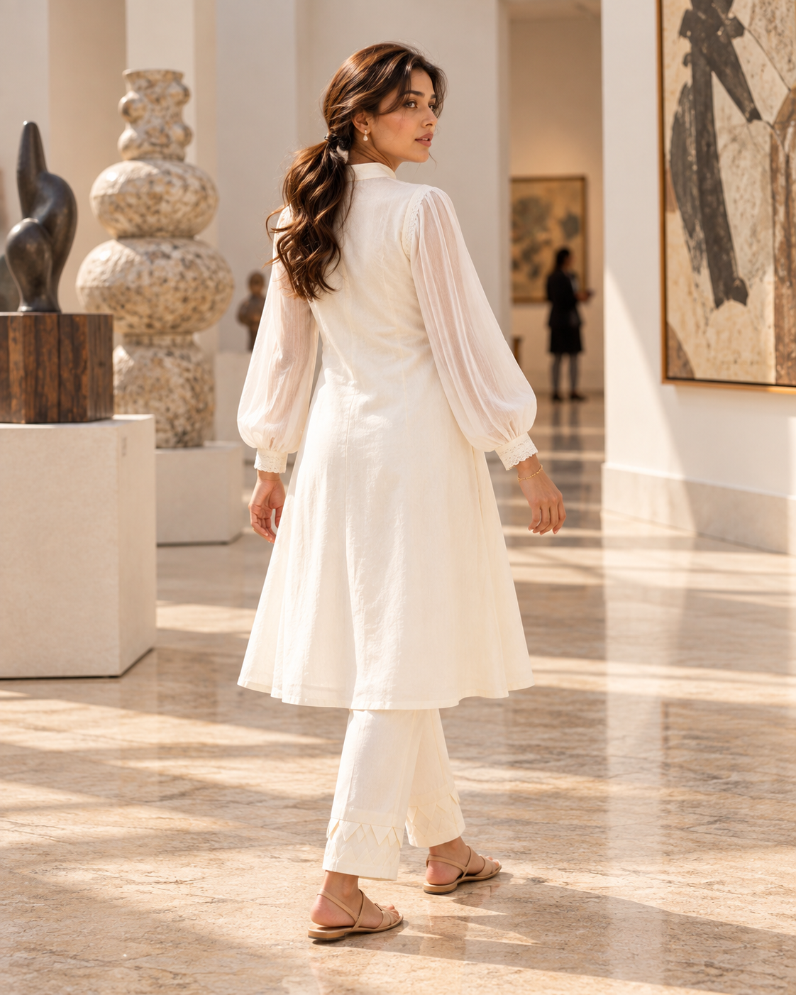 PUSHPJAAL Ivory Floral Embroidered Balloon Sleeve Kurta Pant Set for Women - Image 3