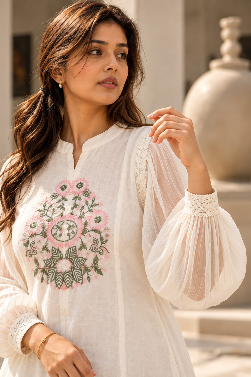 PUSHPJAAL Ivory Floral Embroidered Balloon Sleeve Kurta Pant Set for Women - Image 5