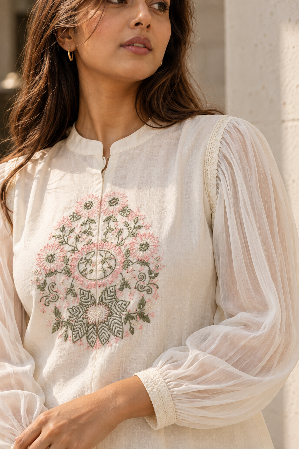 PUSHPJAAL Ivory Floral Embroidered Balloon Sleeve Kurta Pant Set for Women - Image 8