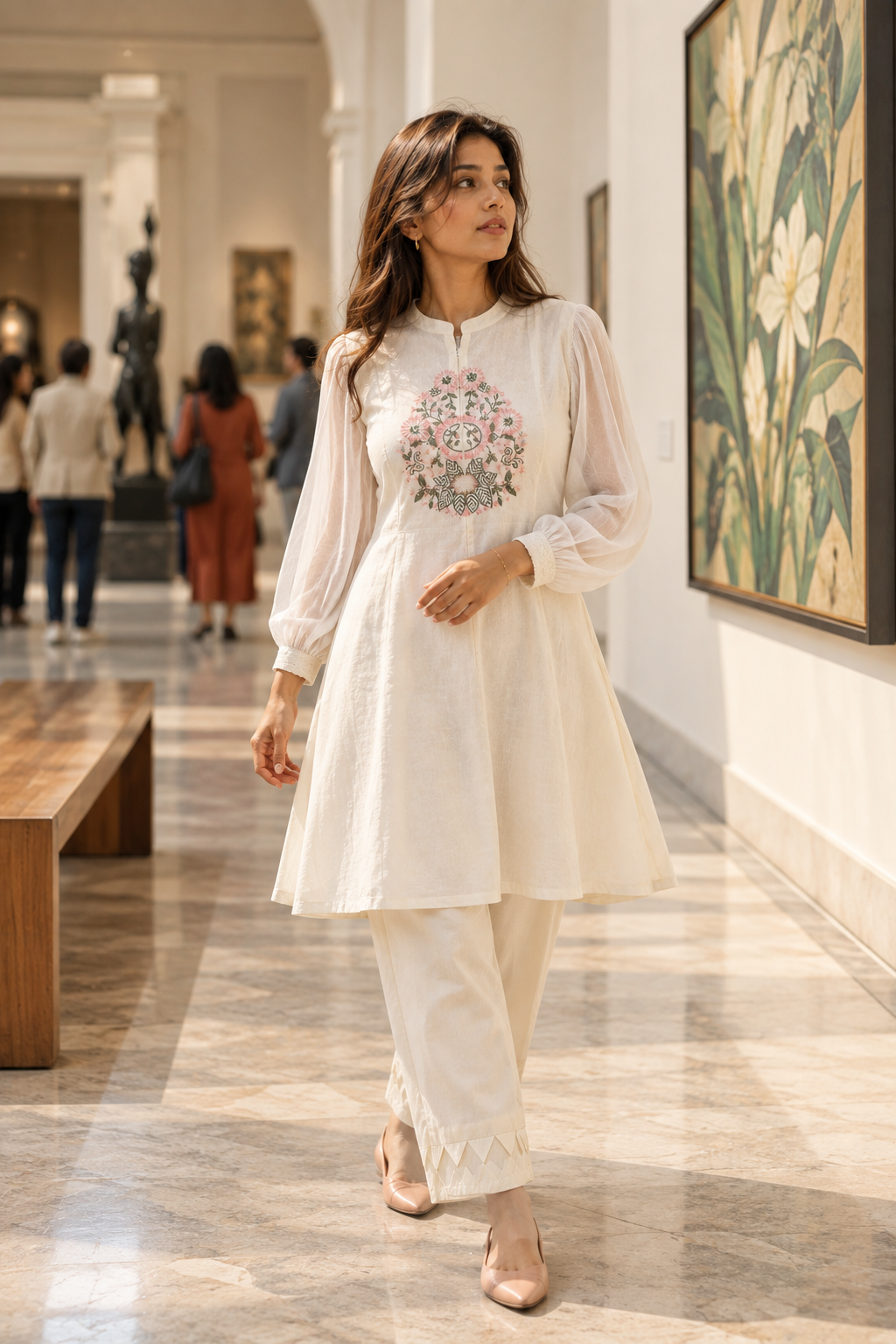 PUSHPJAAL Ivory Floral Embroidered Balloon Sleeve Kurta Pant Set for Women - Image 9