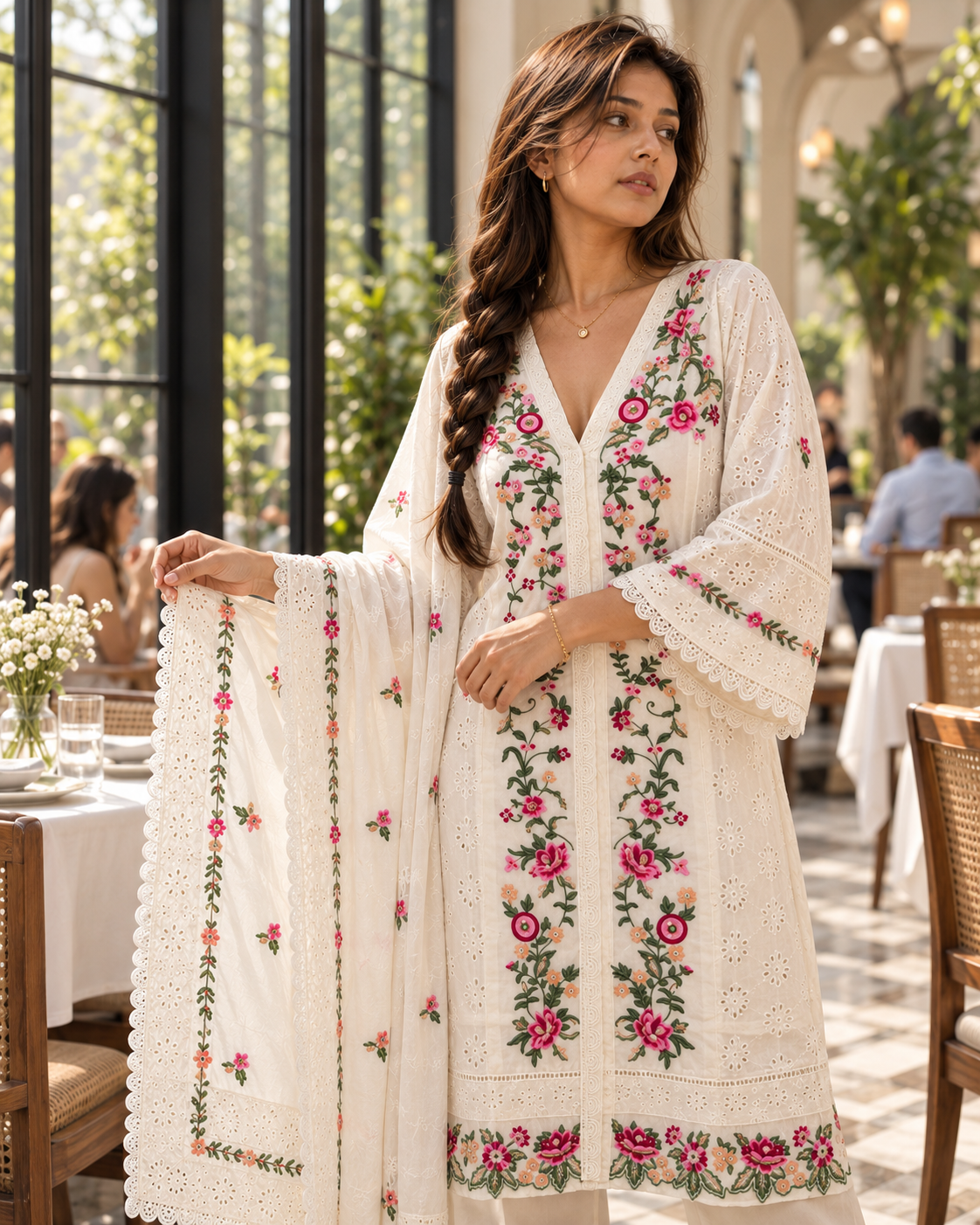 PUSHPJAALI Ivory Floral Embroidered Eyelet Kurta Pant Set with Dupatta for Women - Image 5