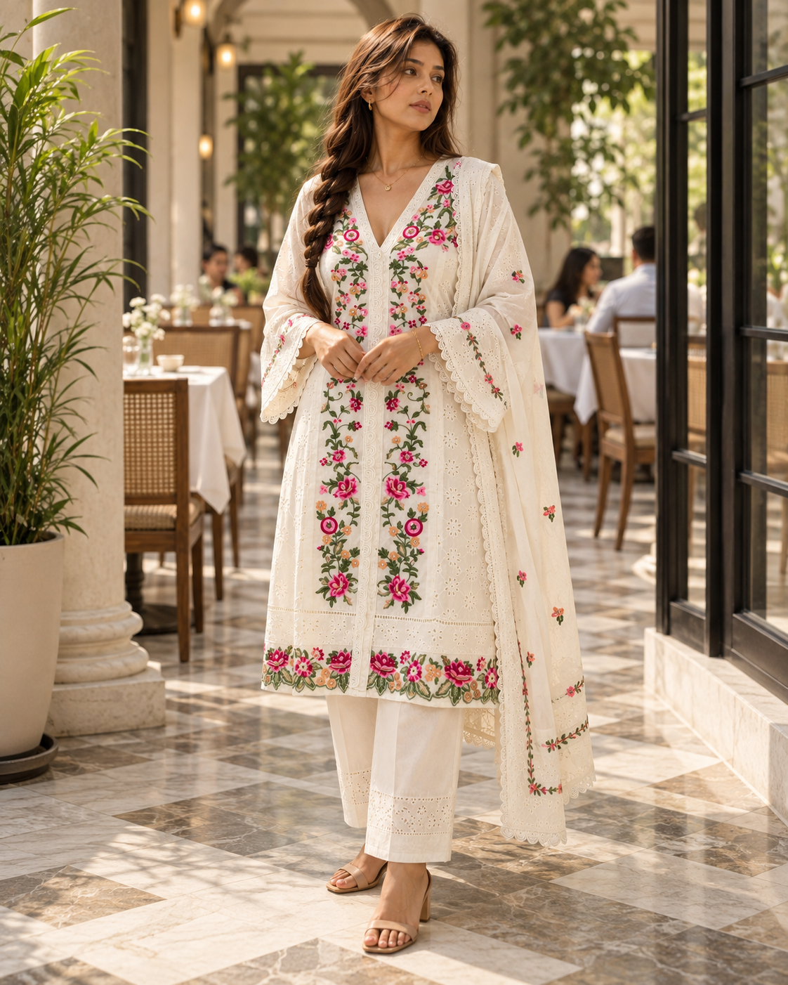 PUSHPJAALI Ivory Floral Embroidered Eyelet Kurta Pant Set with Dupatta for Women - Image 6