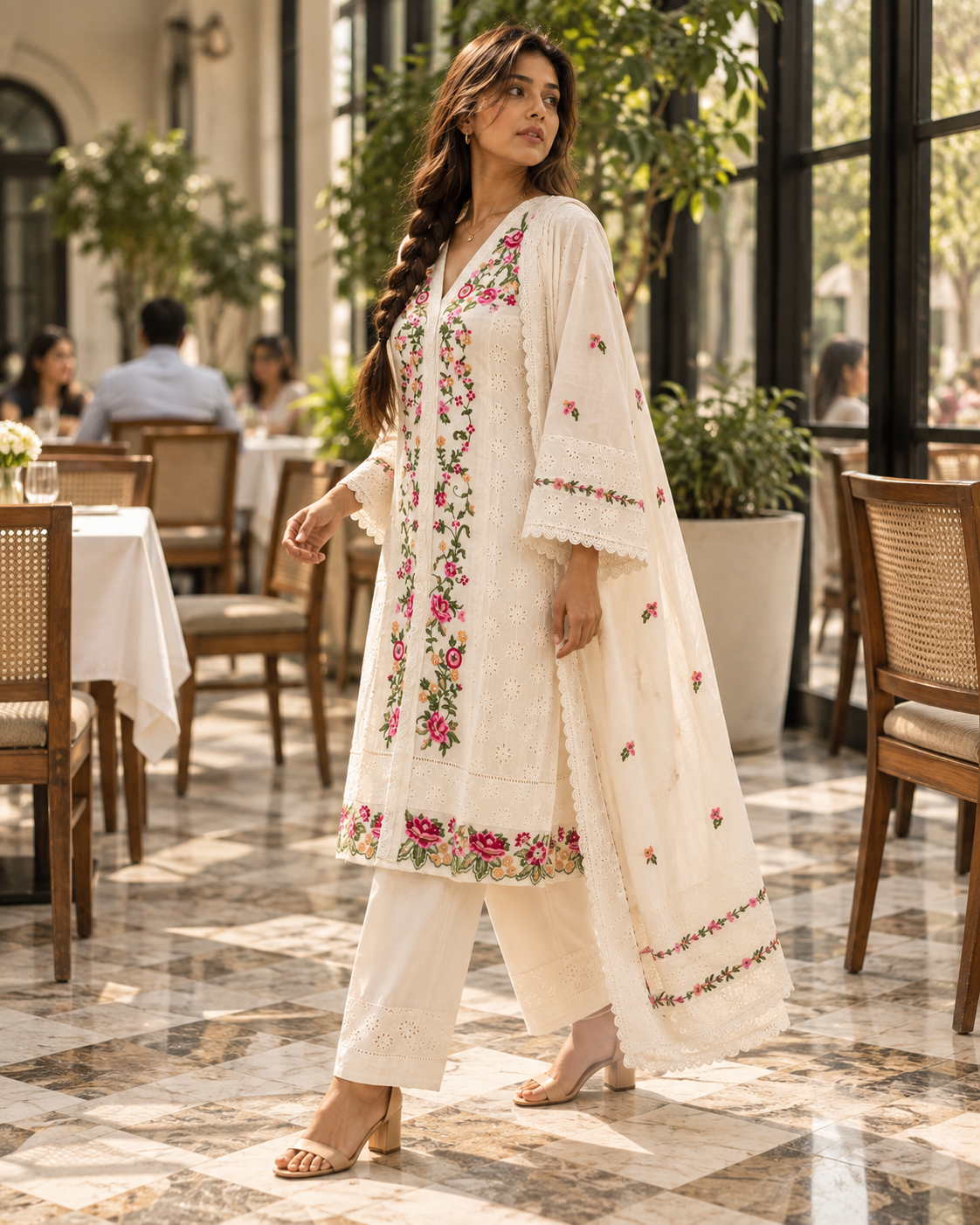 PUSHPJAALI Ivory Floral Embroidered Eyelet Kurta Pant Set with Dupatta for Women - Image 7