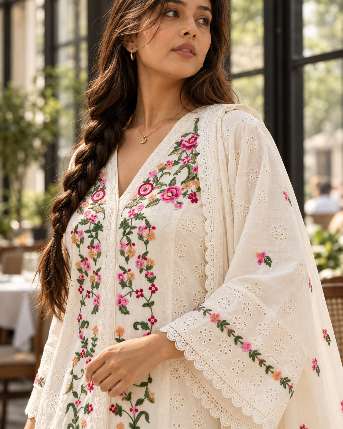 PUSHPJAALI Ivory Floral Embroidered Eyelet Kurta Pant Set with Dupatta for Women - Image 8