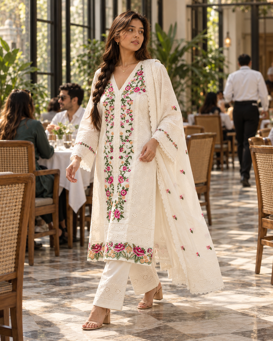 PUSHPJAALI Ivory Floral Embroidered Eyelet Kurta Pant Set with Dupatta for Women - Image 9
