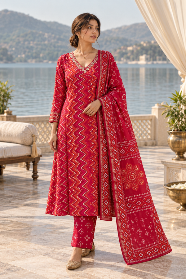 RAJLEHARI Rani Pink Leheriya Kurta Pant Set with Dupatta for Women