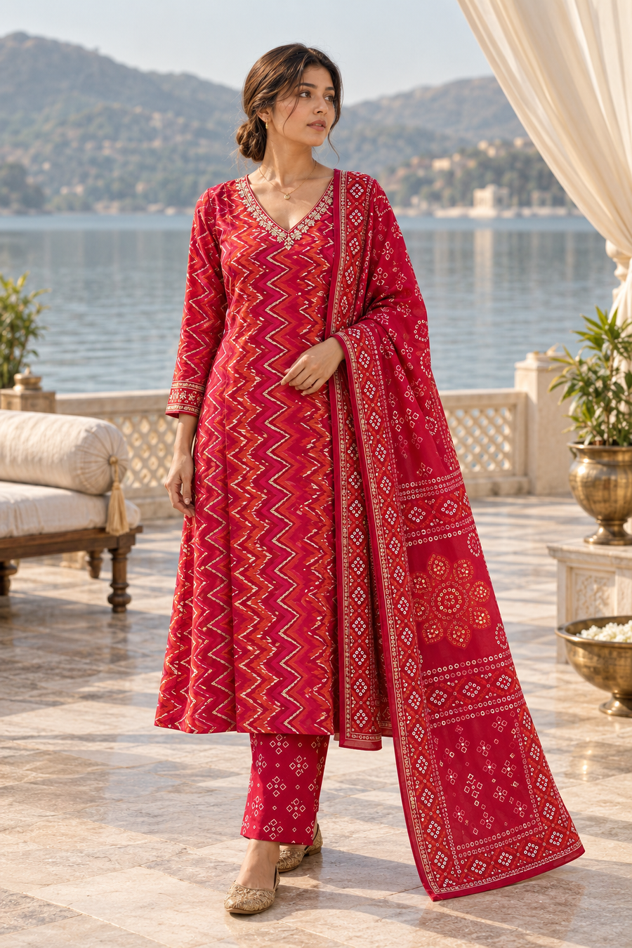 RAJLEHARI Rani Pink Leheriya Kurta Pant Set with Dupatta for Women
