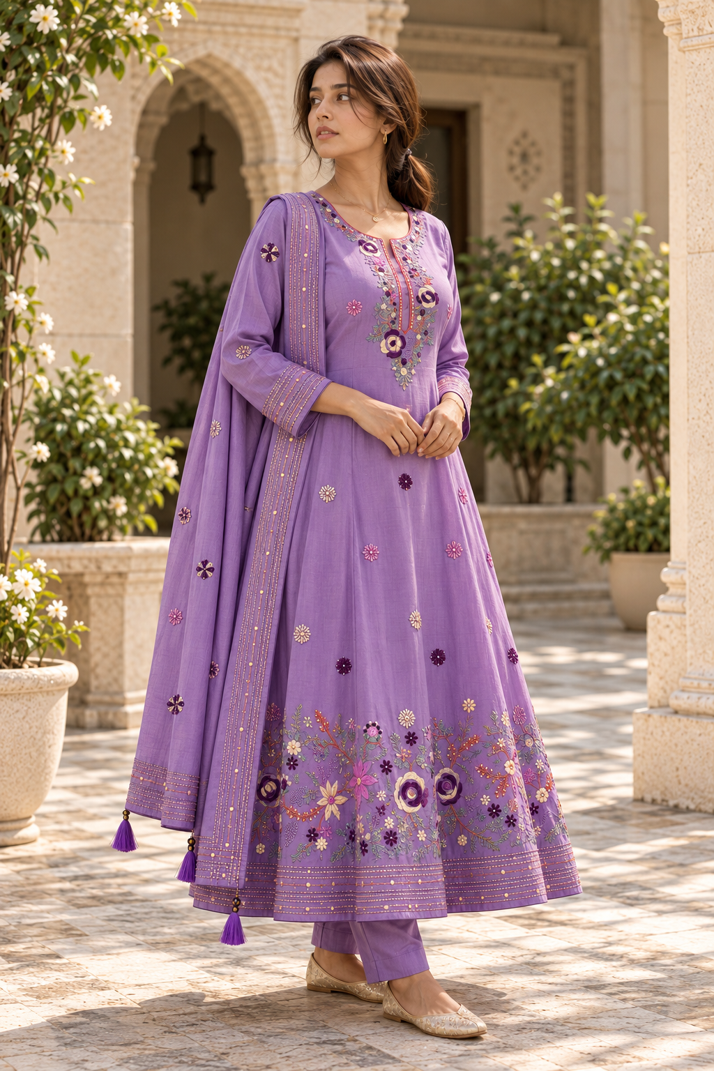 RANGMANJARI Lavender Purple Floral Embroidered Kurta Pant Set with Dupatta for Women - Image 4