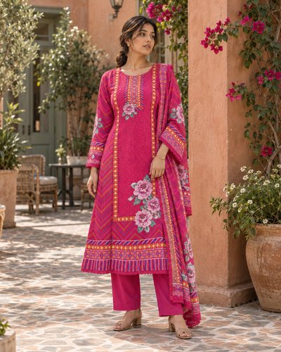 RANGRANI Rani Pink Floral Printed Kurta Pant Set with Dupatta for Women