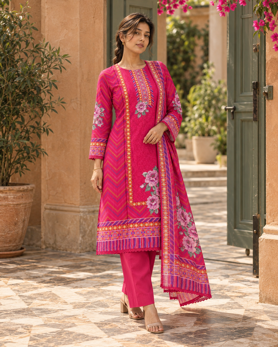 RANGRANI Rani Pink Floral Printed Kurta Pant Set with Dupatta for Women - Image 10
