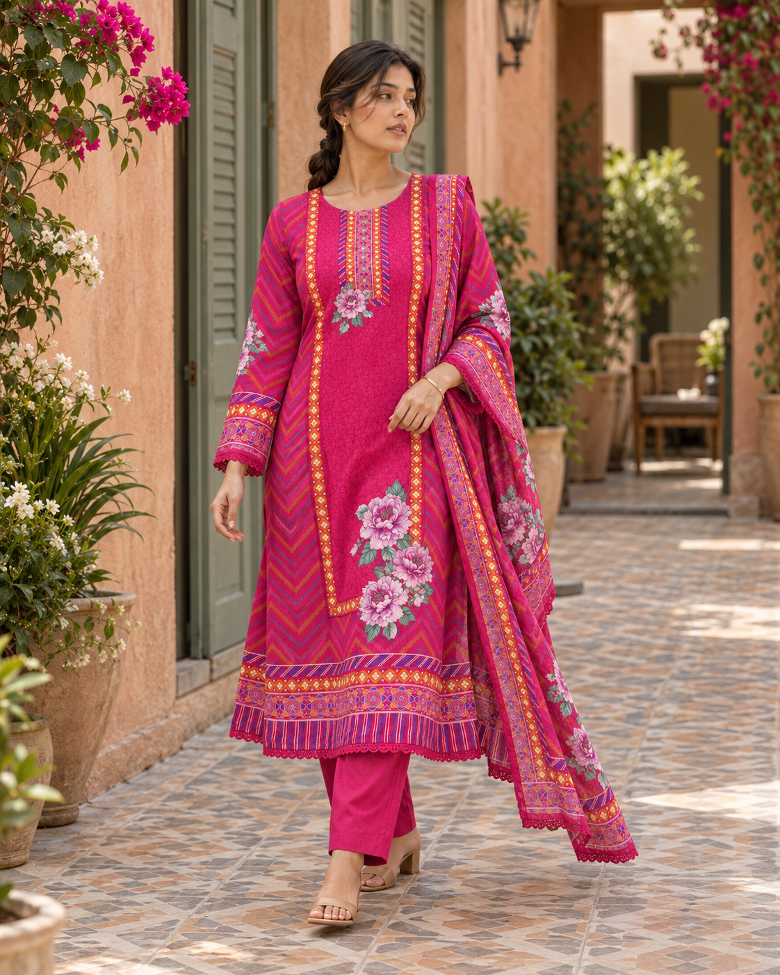 RANGRANI Rani Pink Floral Printed Kurta Pant Set with Dupatta for Women - Image 2