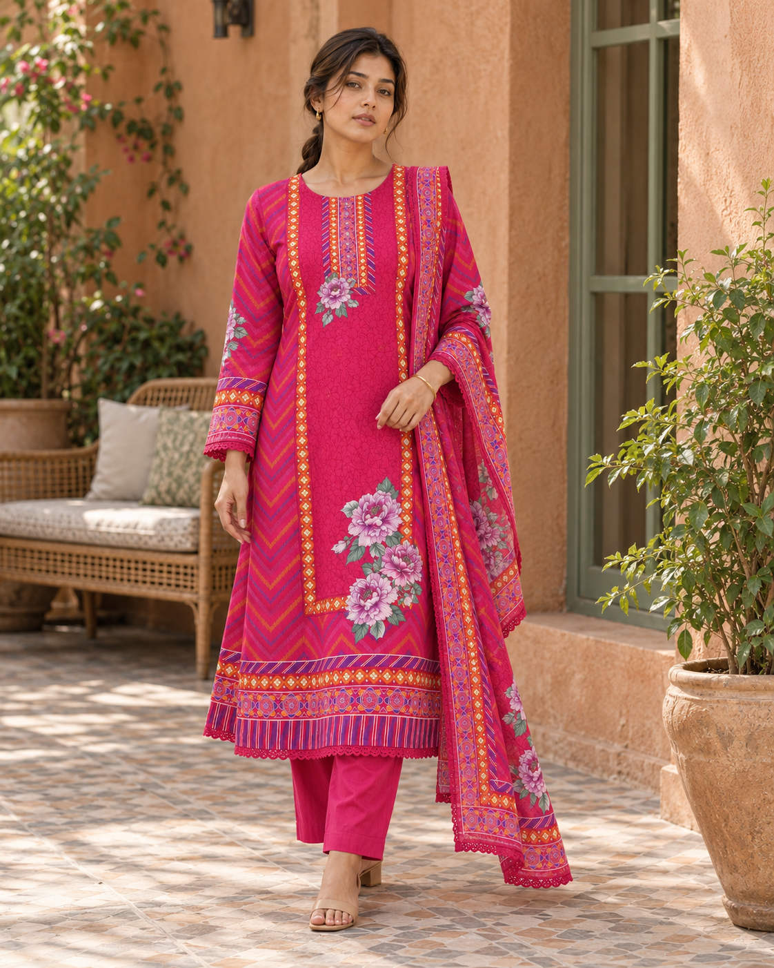 RANGRANI Rani Pink Floral Printed Kurta Pant Set with Dupatta for Women - Image 3