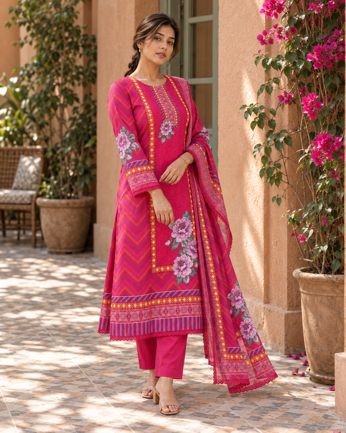 RANGRANI Rani Pink Floral Printed Kurta Pant Set with Dupatta for Women - Image 4