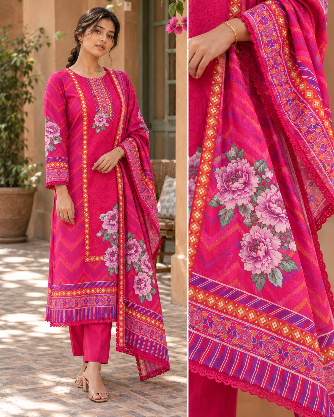 RANGRANI Rani Pink Floral Printed Kurta Pant Set with Dupatta for Women - Image 5