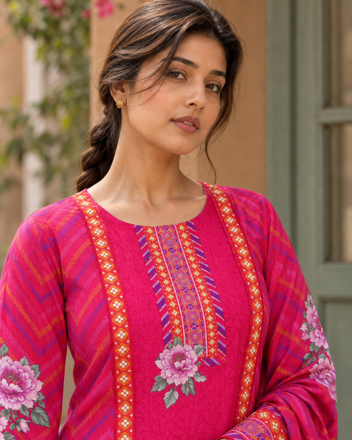 RANGRANI Rani Pink Floral Printed Kurta Pant Set with Dupatta for Women - Image 6