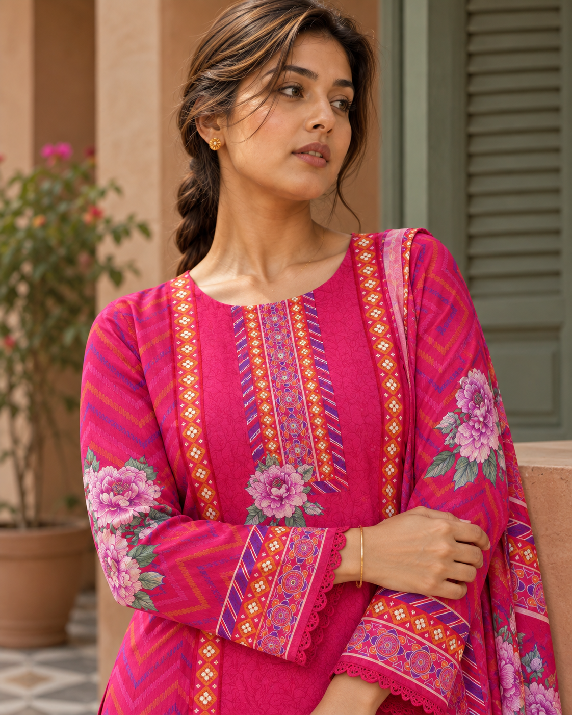 RANGRANI Rani Pink Floral Printed Kurta Pant Set with Dupatta for Women - Image 7