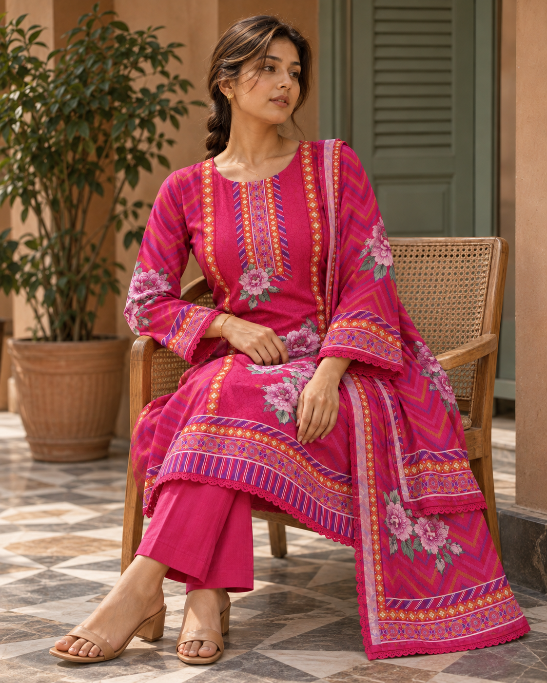 RANGRANI Rani Pink Floral Printed Kurta Pant Set with Dupatta for Women - Image 8