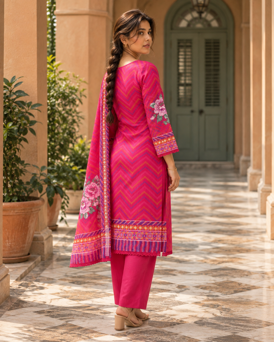 RANGRANI Rani Pink Floral Printed Kurta Pant Set with Dupatta for Women - Image 9