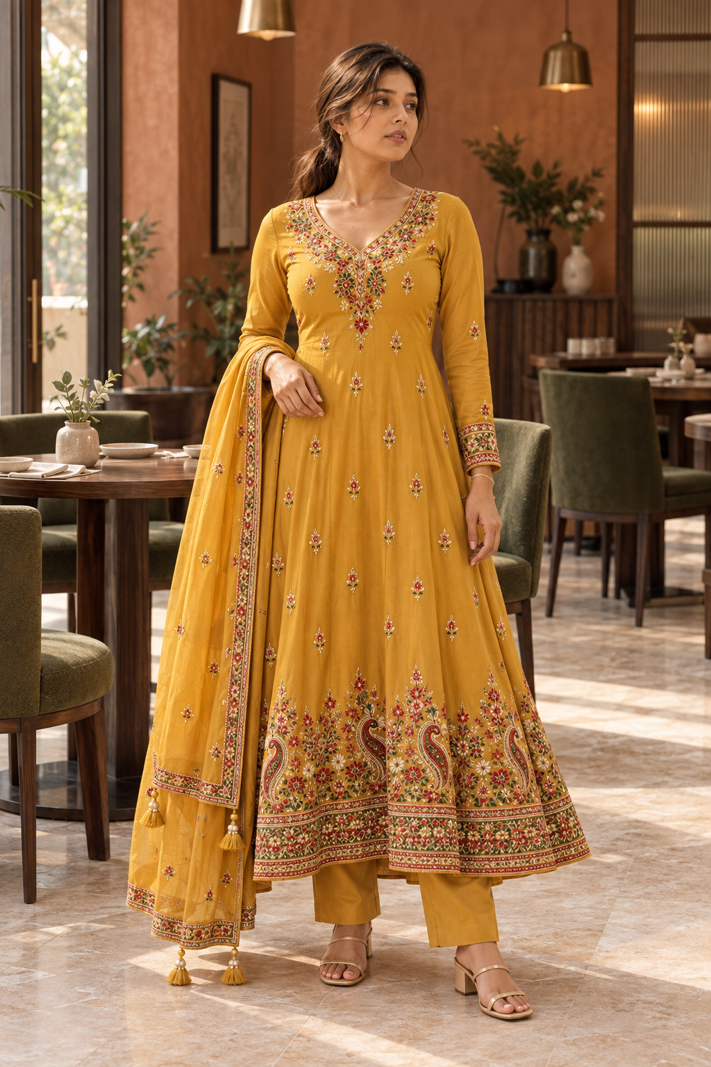 SUVARNIKA Mustard Yellow Embroidered Anarkali Kurta Set with Dupatta for Women - Image 2