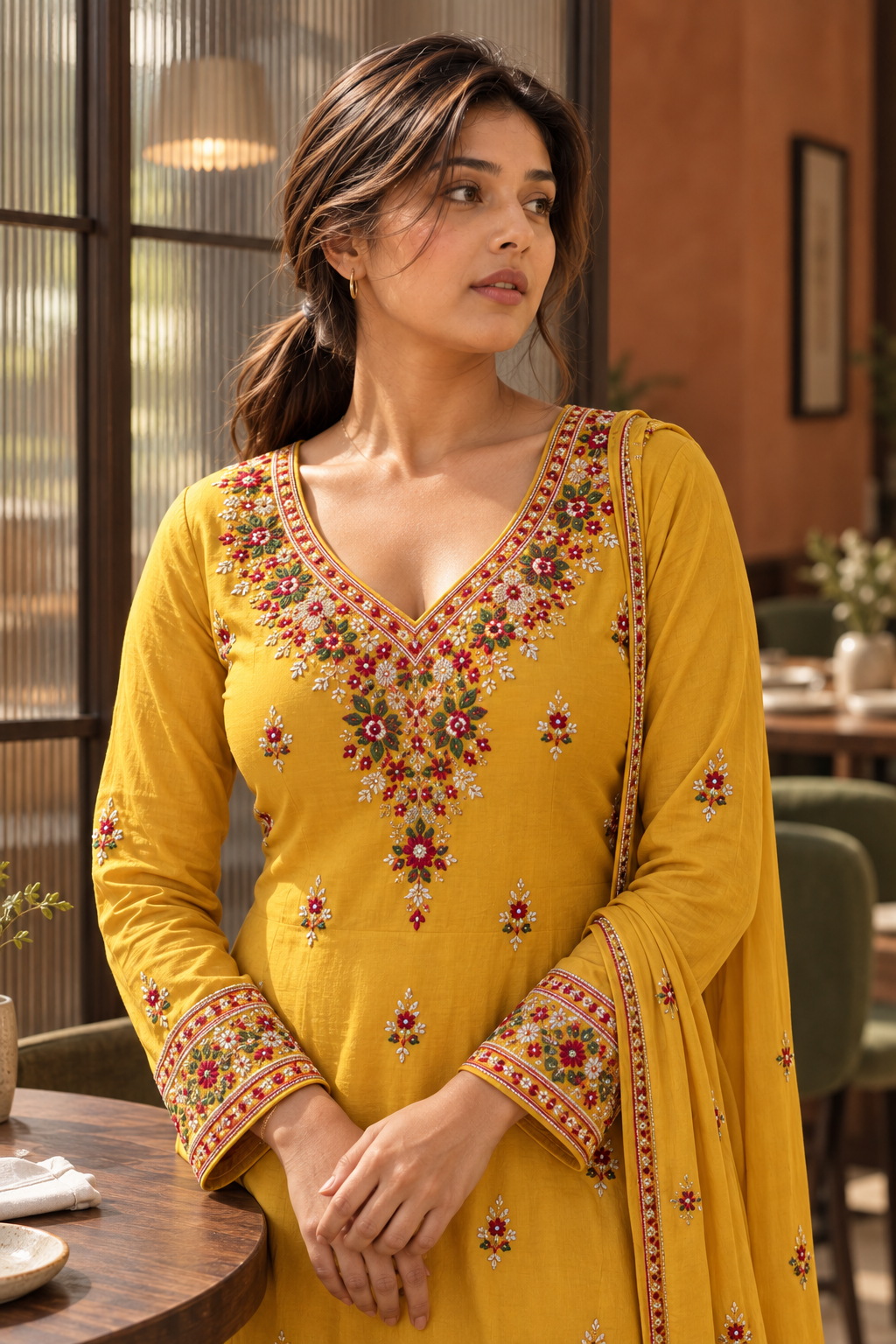 SUVARNIKA Mustard Yellow Embroidered Anarkali Kurta Set with Dupatta for Women - Image 3