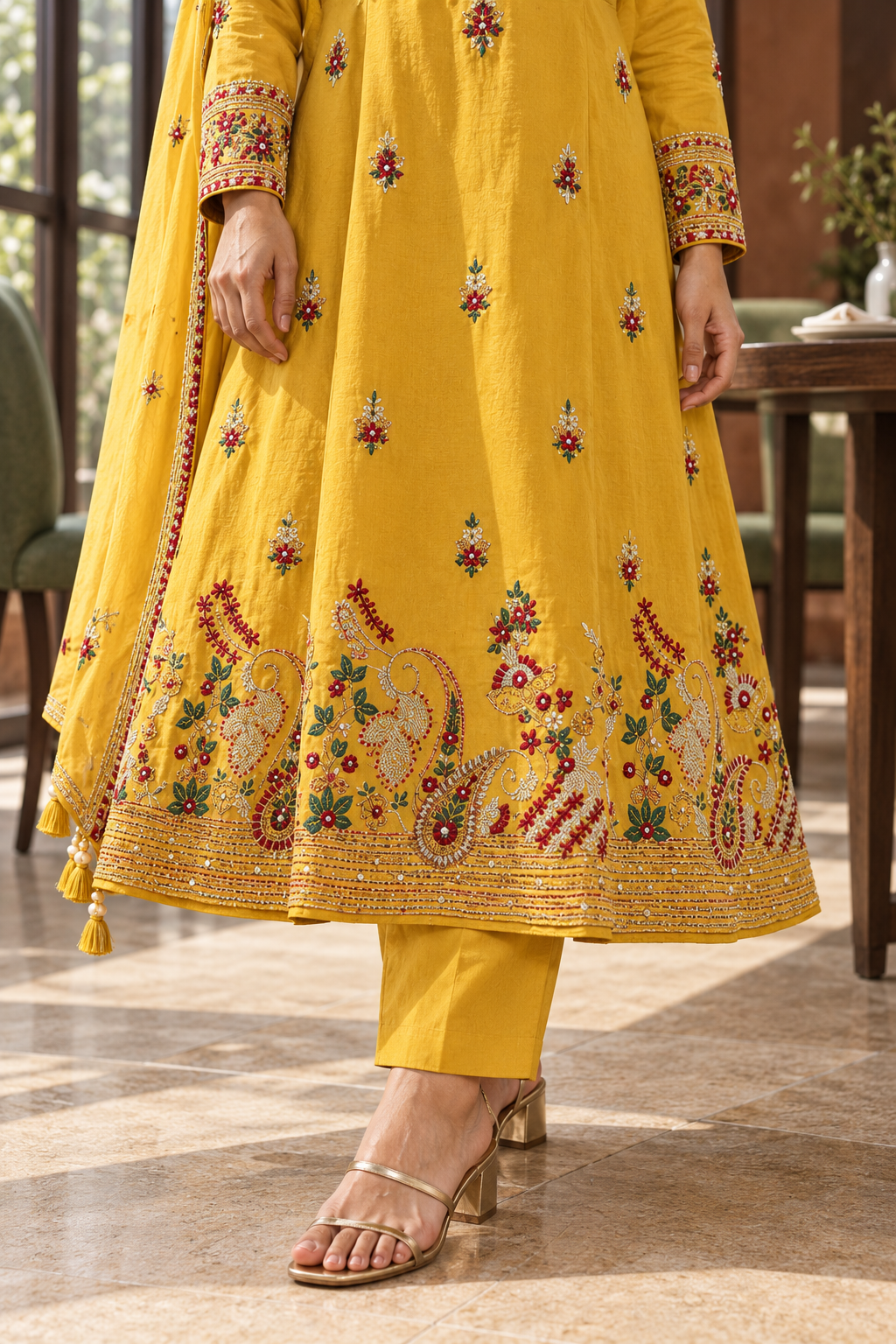 SUVARNIKA Mustard Yellow Embroidered Anarkali Kurta Set with Dupatta for Women - Image 4