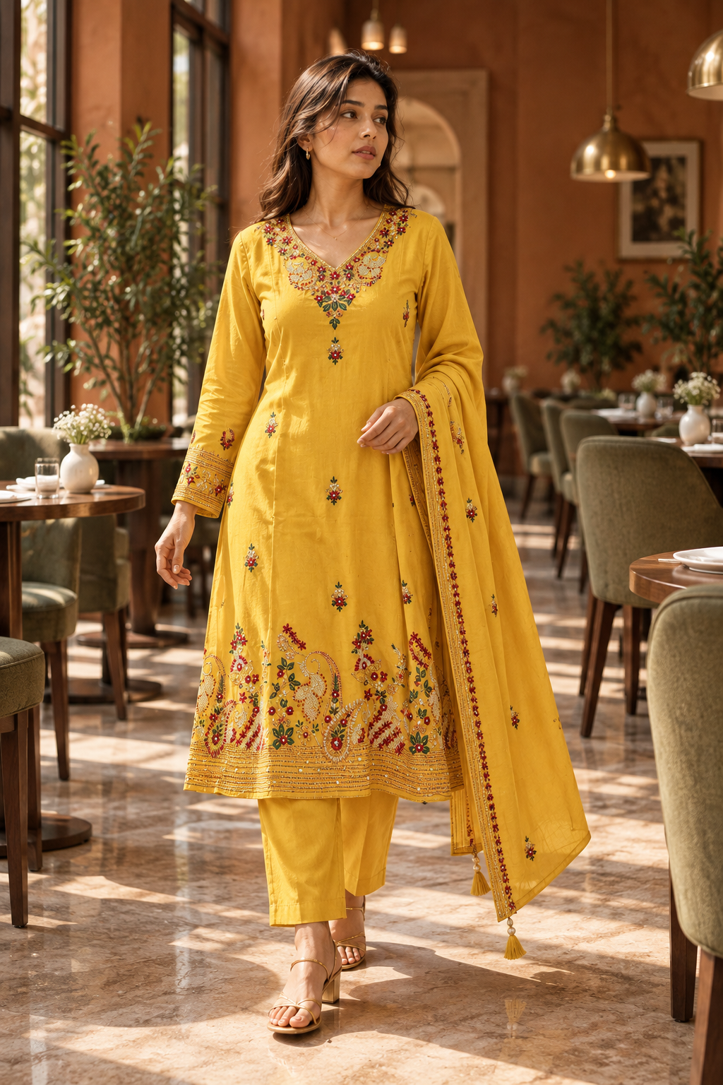 SUVARNIKA Mustard Yellow Embroidered Anarkali Kurta Set with Dupatta for Women - Image 6