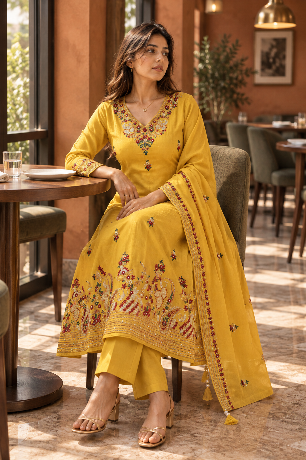 SUVARNIKA Mustard Yellow Embroidered Anarkali Kurta Set with Dupatta for Women - Image 7