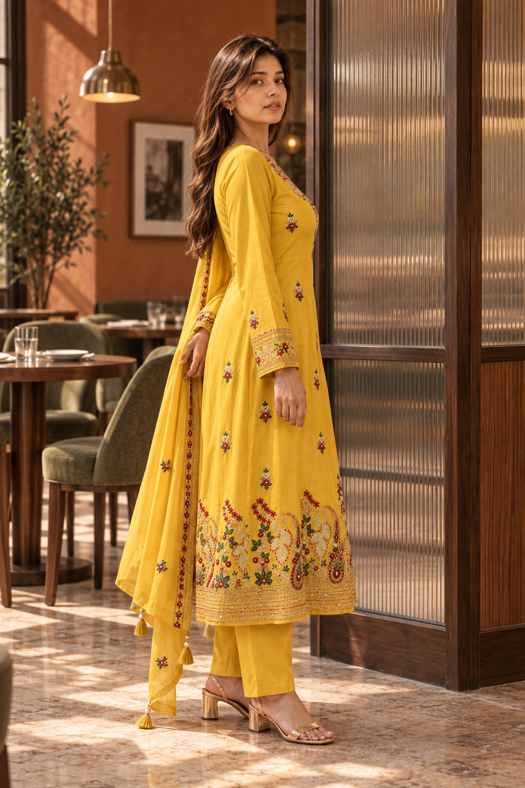 SUVARNIKA Mustard Yellow Embroidered Anarkali Kurta Set with Dupatta for Women - Image 8