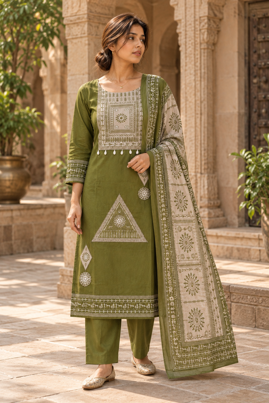 VANREKHA Olive Green Embroidered Kurta Pant Set with Dupatta for Women