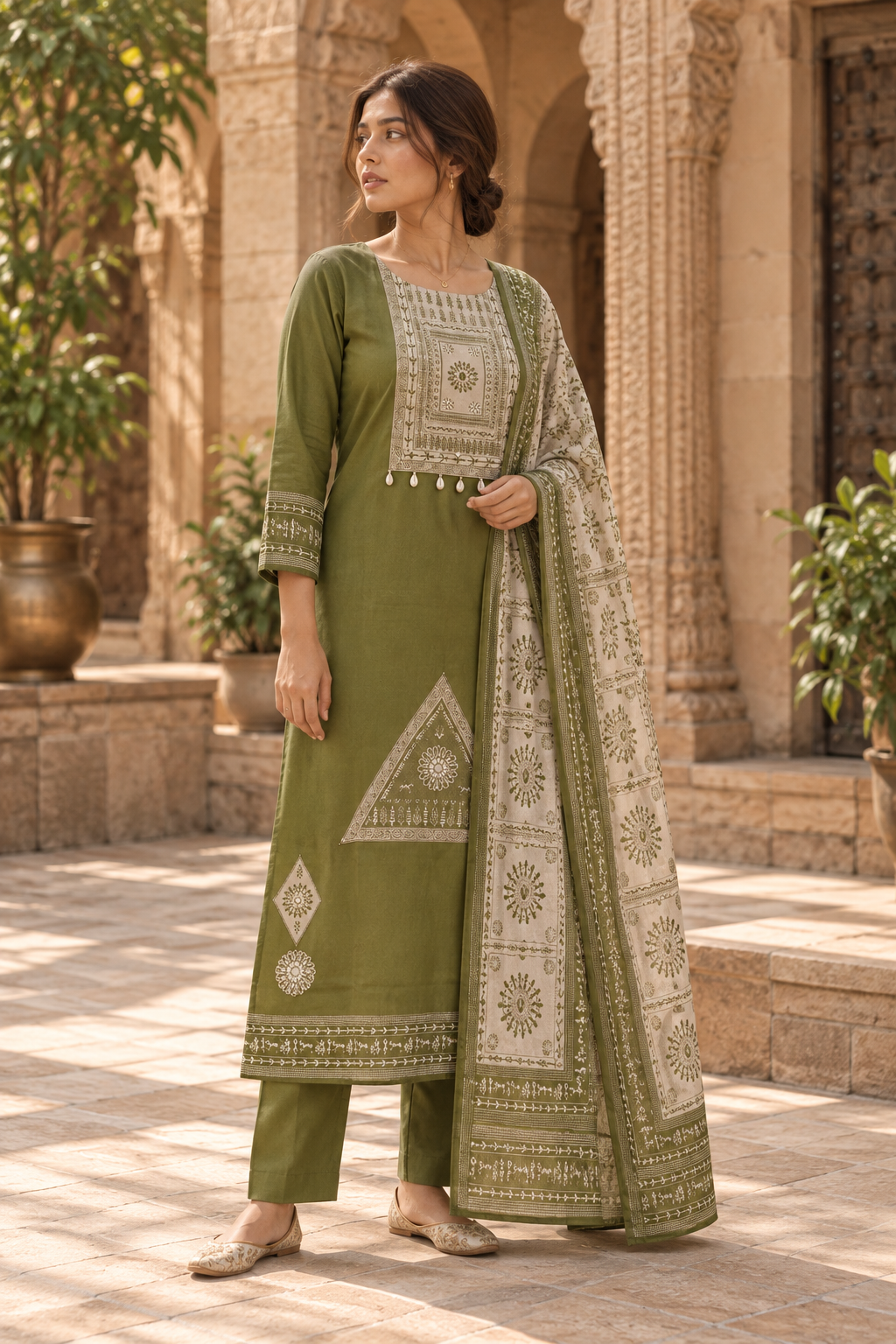 VANREKHA Olive Green Embroidered Kurta Pant Set with Dupatta for Women - Image 3