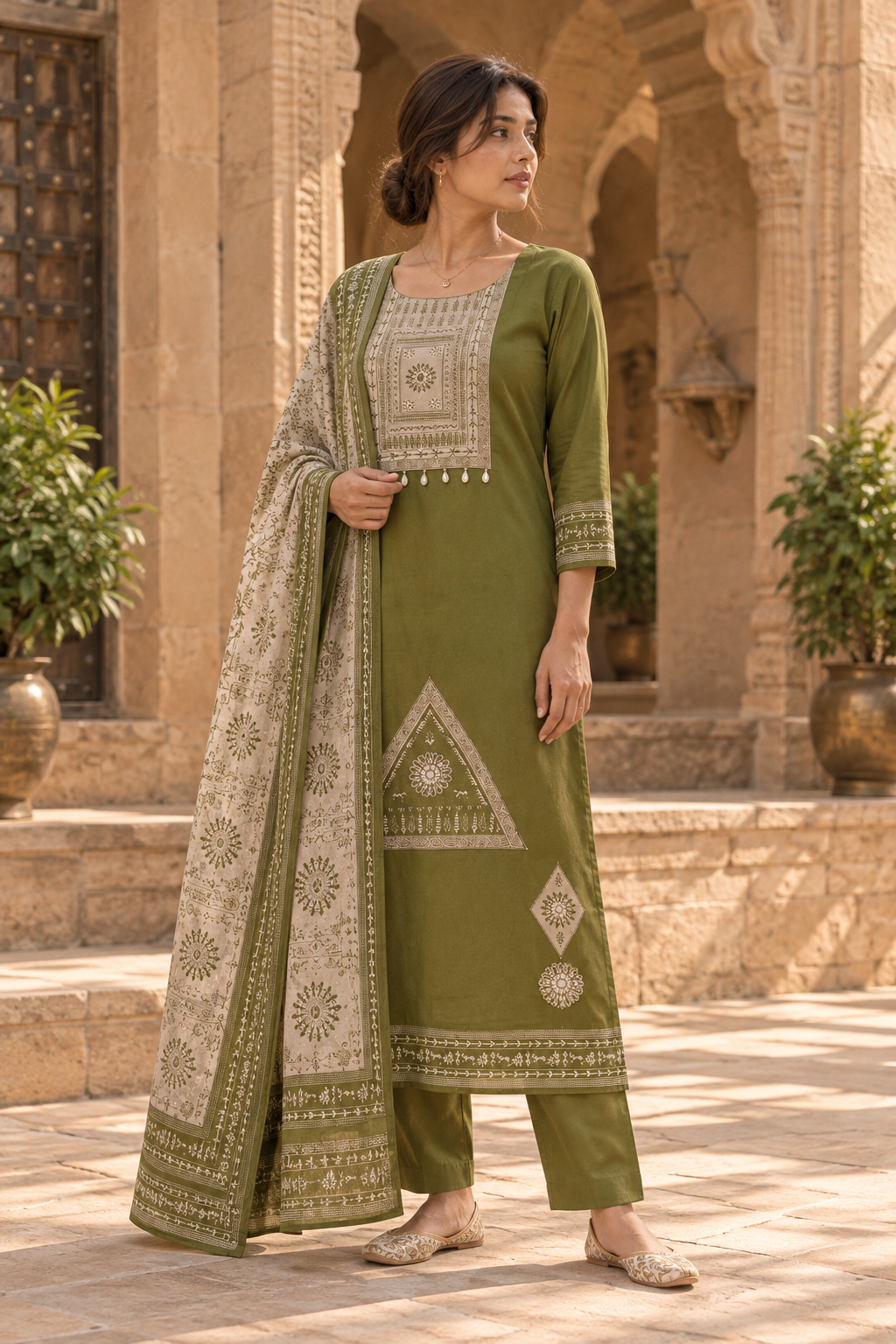VANREKHA Olive Green Embroidered Kurta Pant Set with Dupatta for Women - Image 4