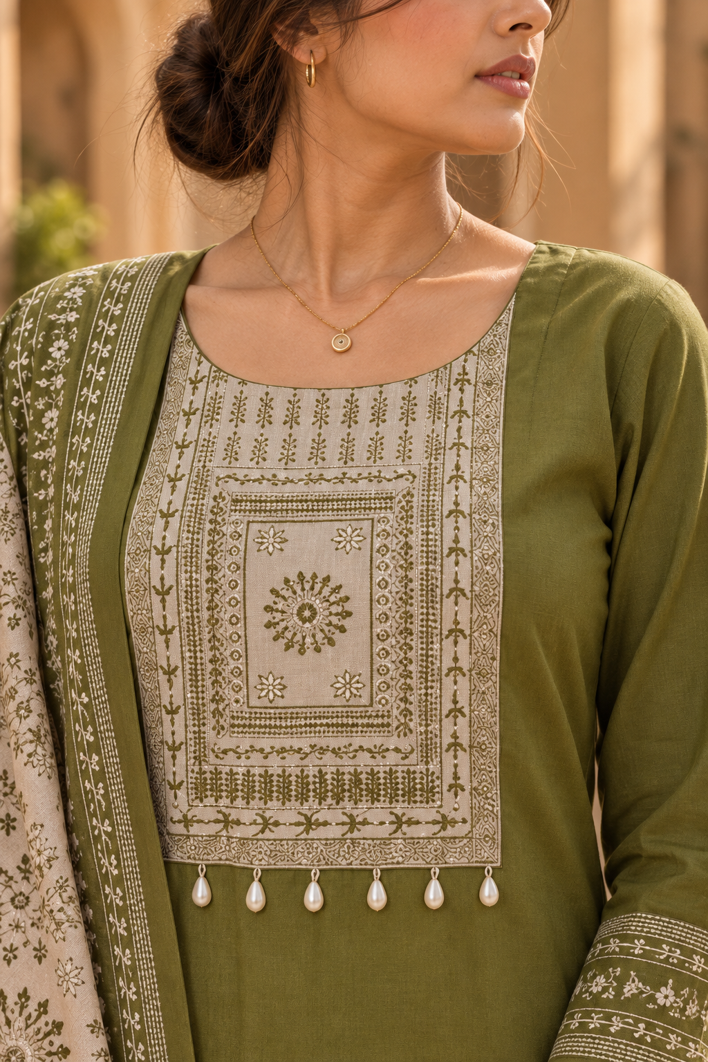 VANREKHA Olive Green Embroidered Kurta Pant Set with Dupatta for Women - Image 5