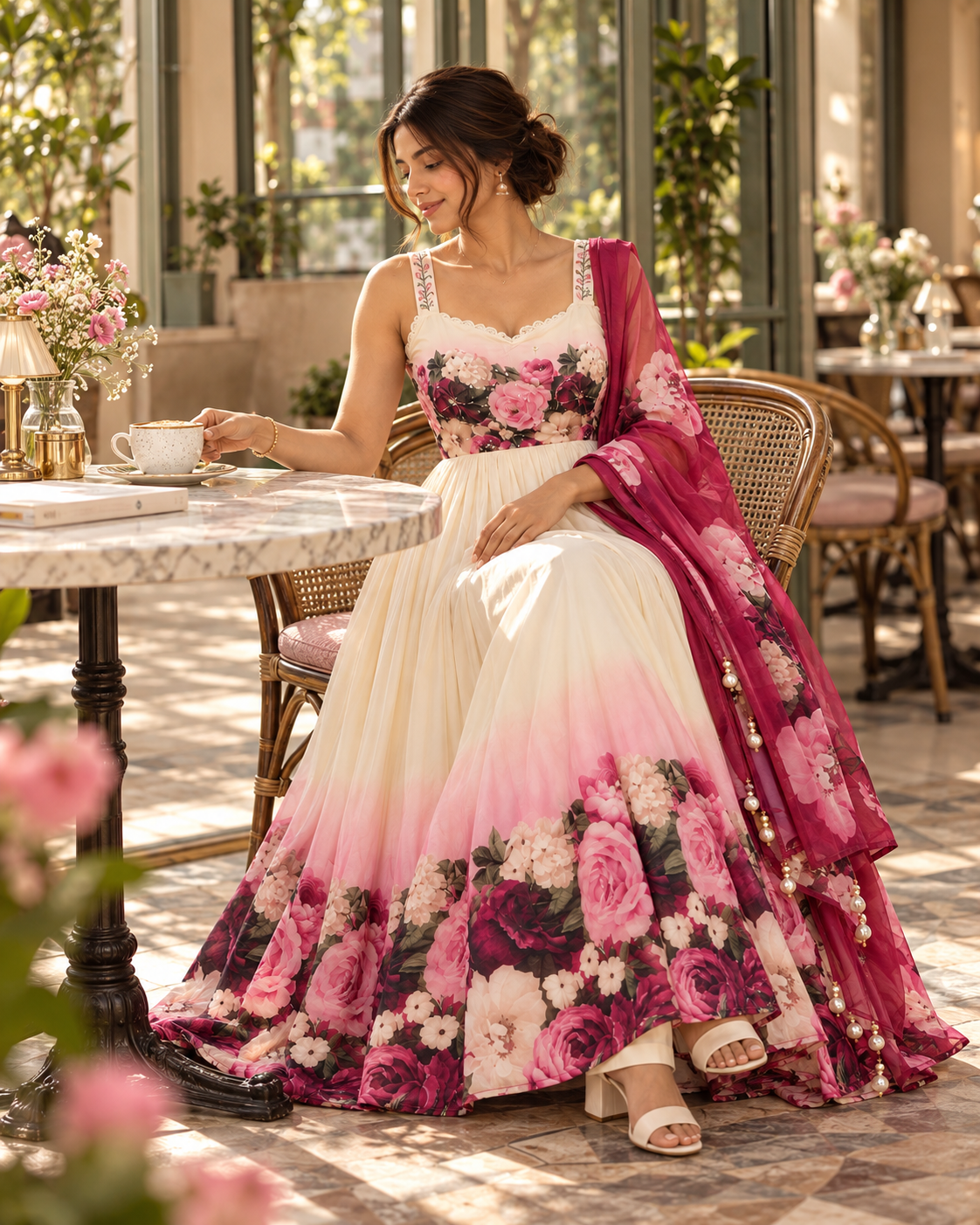 Inaayaa ivory and wine floral anarkali, seated in a cafe